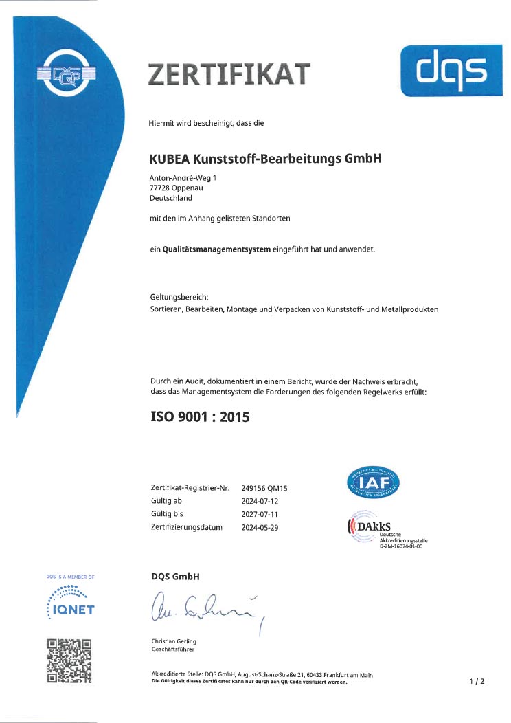 KUBEA GmbH - Zertifikat ISO 9001 : 2015 - Seite 1